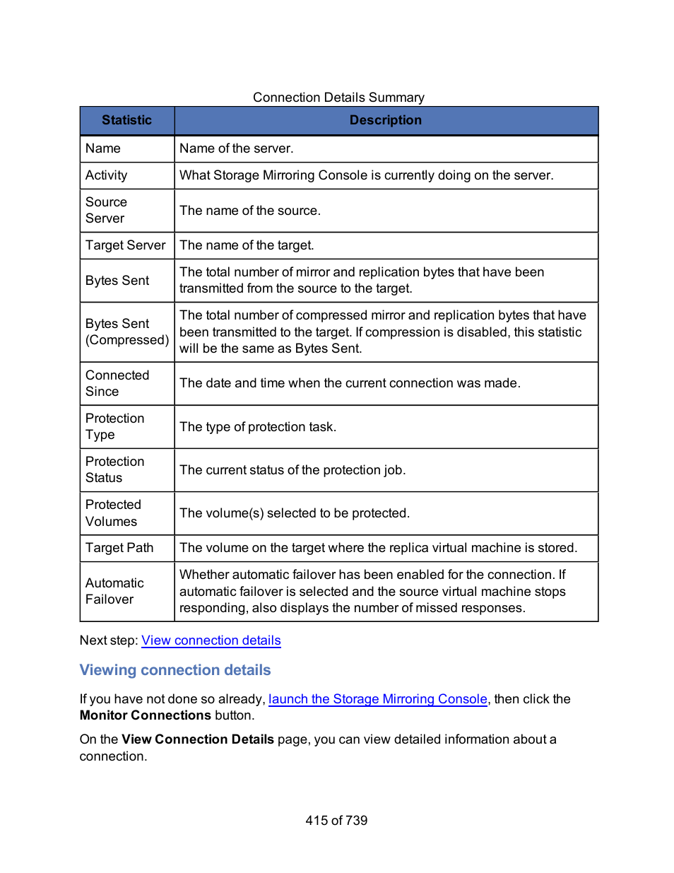 Viewing connection details | HP Storage Mirroring Software User Manual | Page 417 / 741