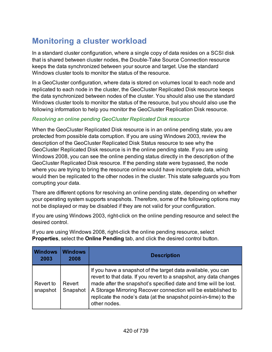 Monitoring a cluster workload, Cluster workloads | HP Storage Mirroring Software User Manual | Page 422 / 741