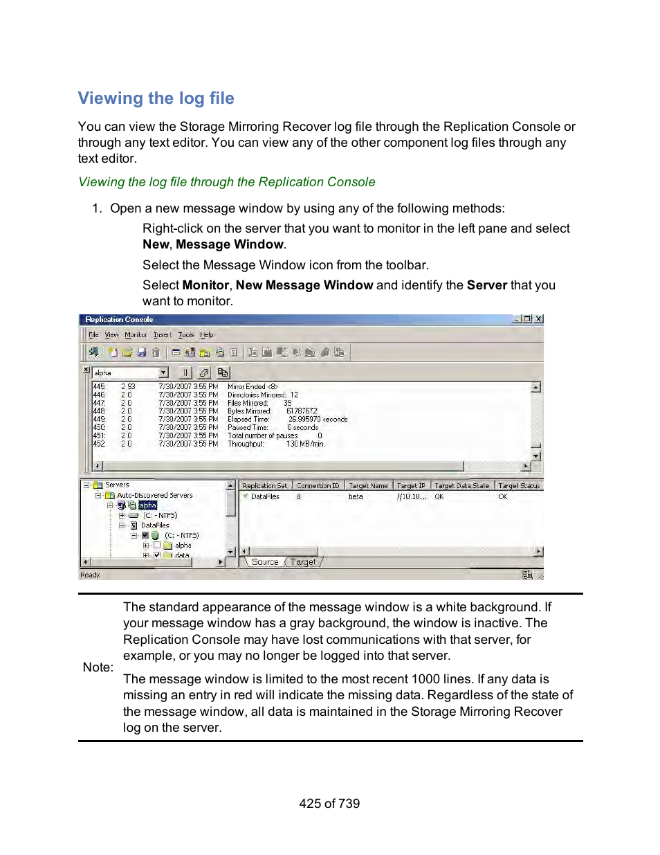 Viewing the log file | HP Storage Mirroring Software User Manual | Page 427 / 741