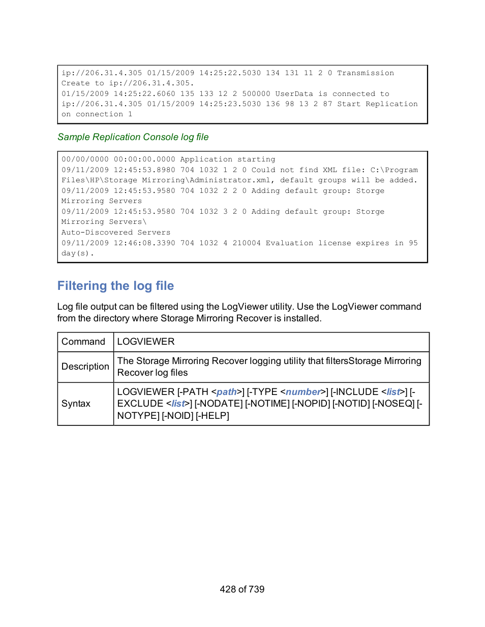 Filtering the log file | HP Storage Mirroring Software User Manual | Page 430 / 741