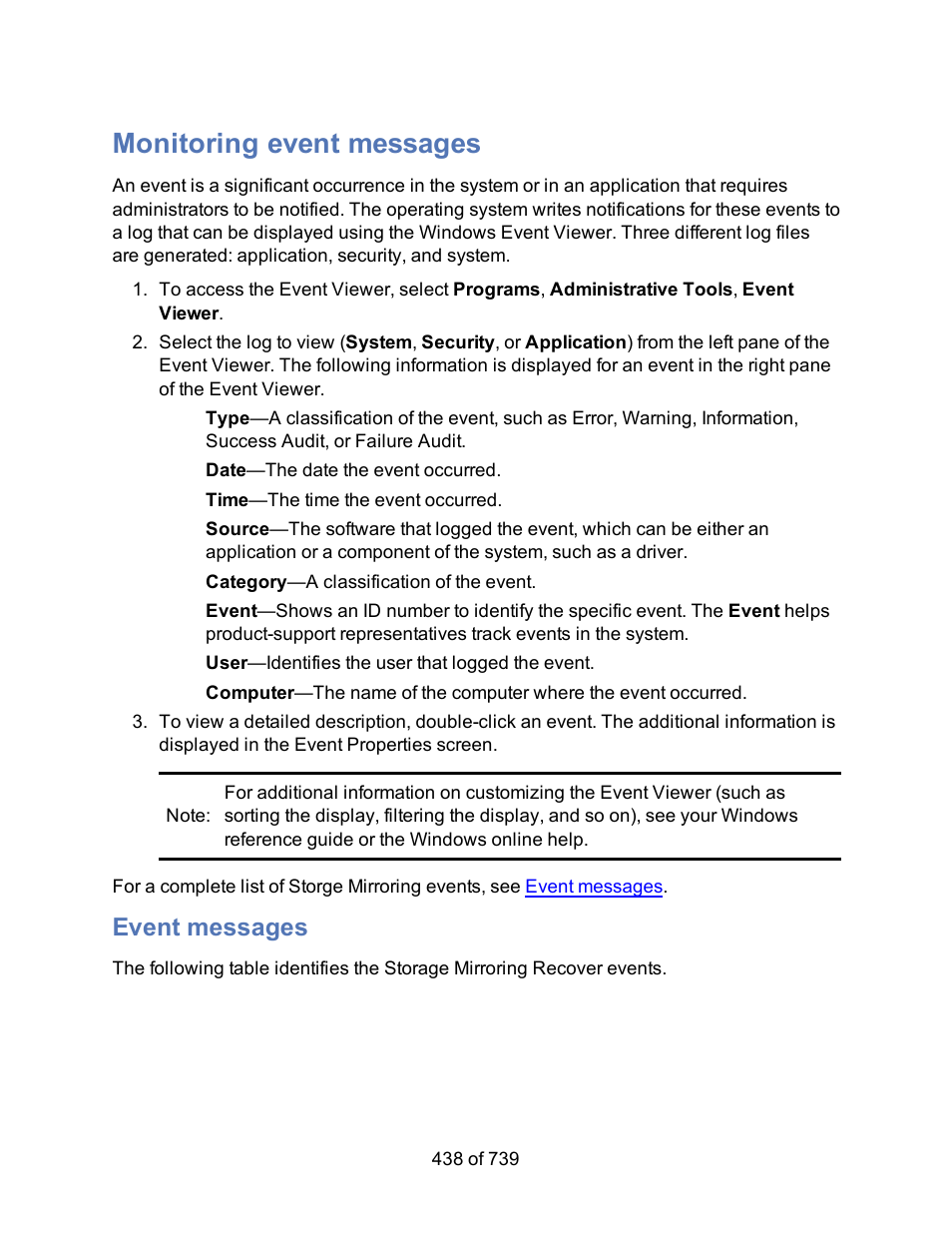 Monitoring event messages, Event messages, Windows event messages | HP Storage Mirroring Software User Manual | Page 440 / 741