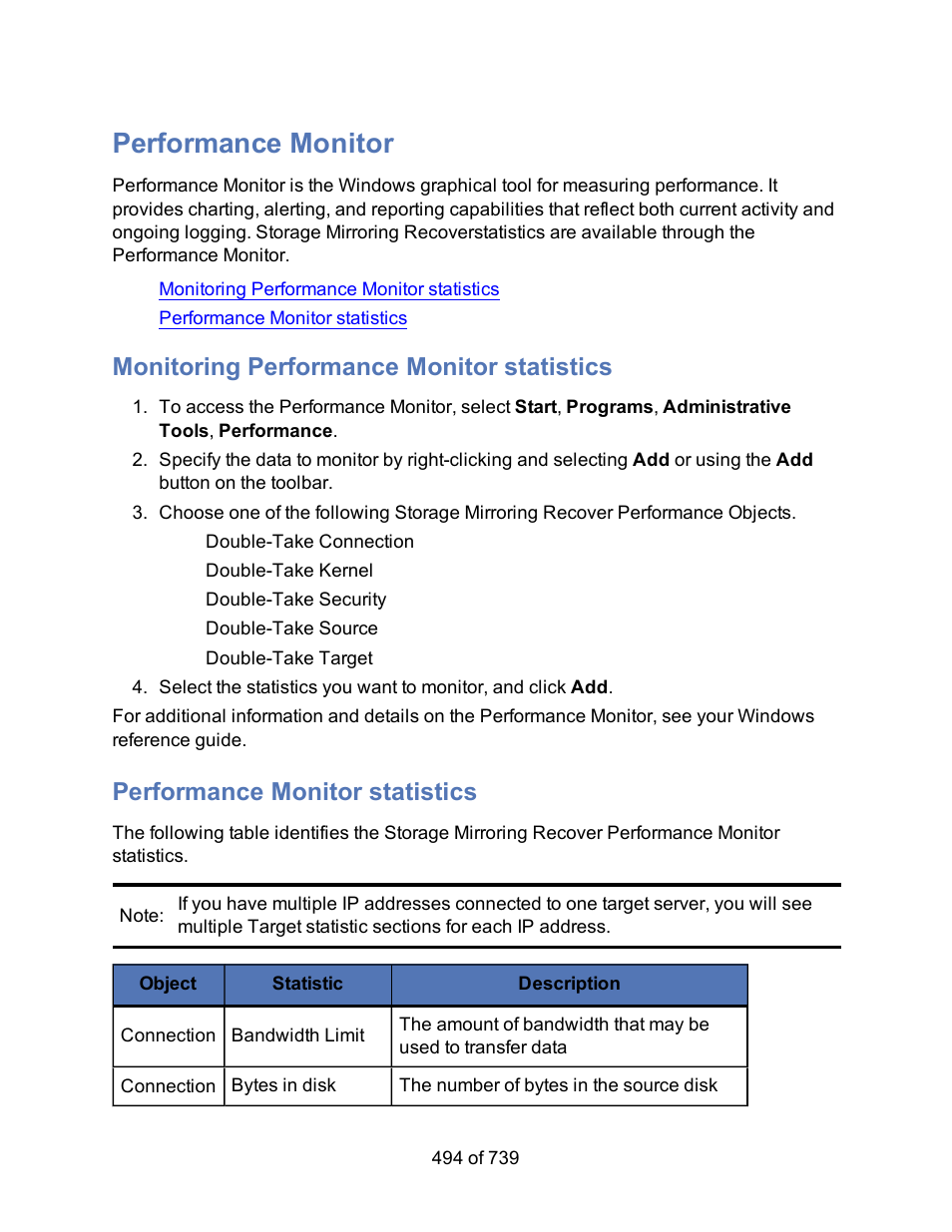 Performance monitor, Monitoring performance monitor statistics, Performance monitor statistics | HP Storage Mirroring Software User Manual | Page 496 / 741