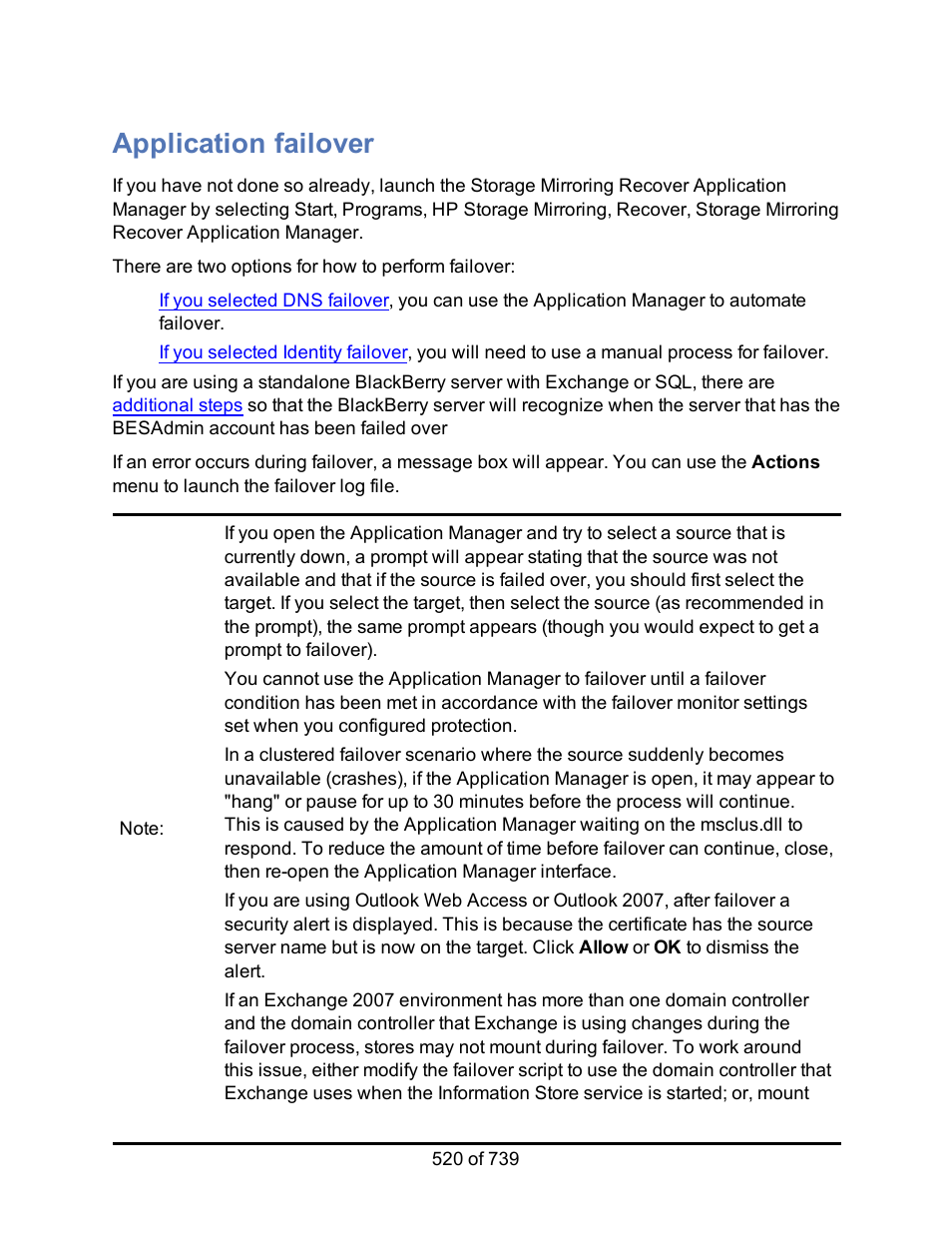 Application failover, Failover, failback, and restoration, Application workloads | HP Storage Mirroring Software User Manual | Page 522 / 741