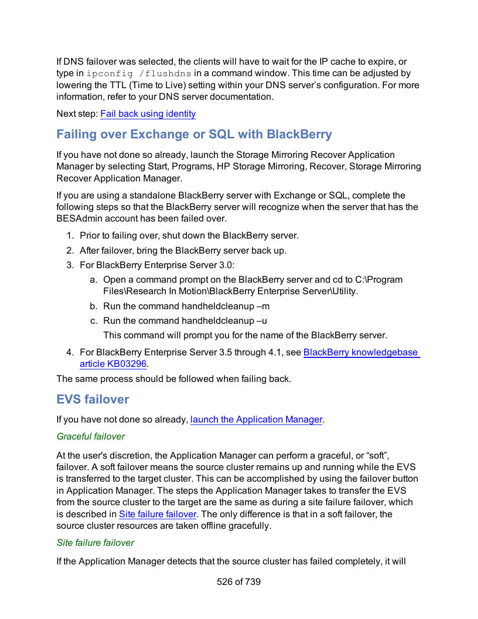 Failing over exchange or sql with blackberry, Evs failover | HP Storage Mirroring Software User Manual | Page 528 / 741