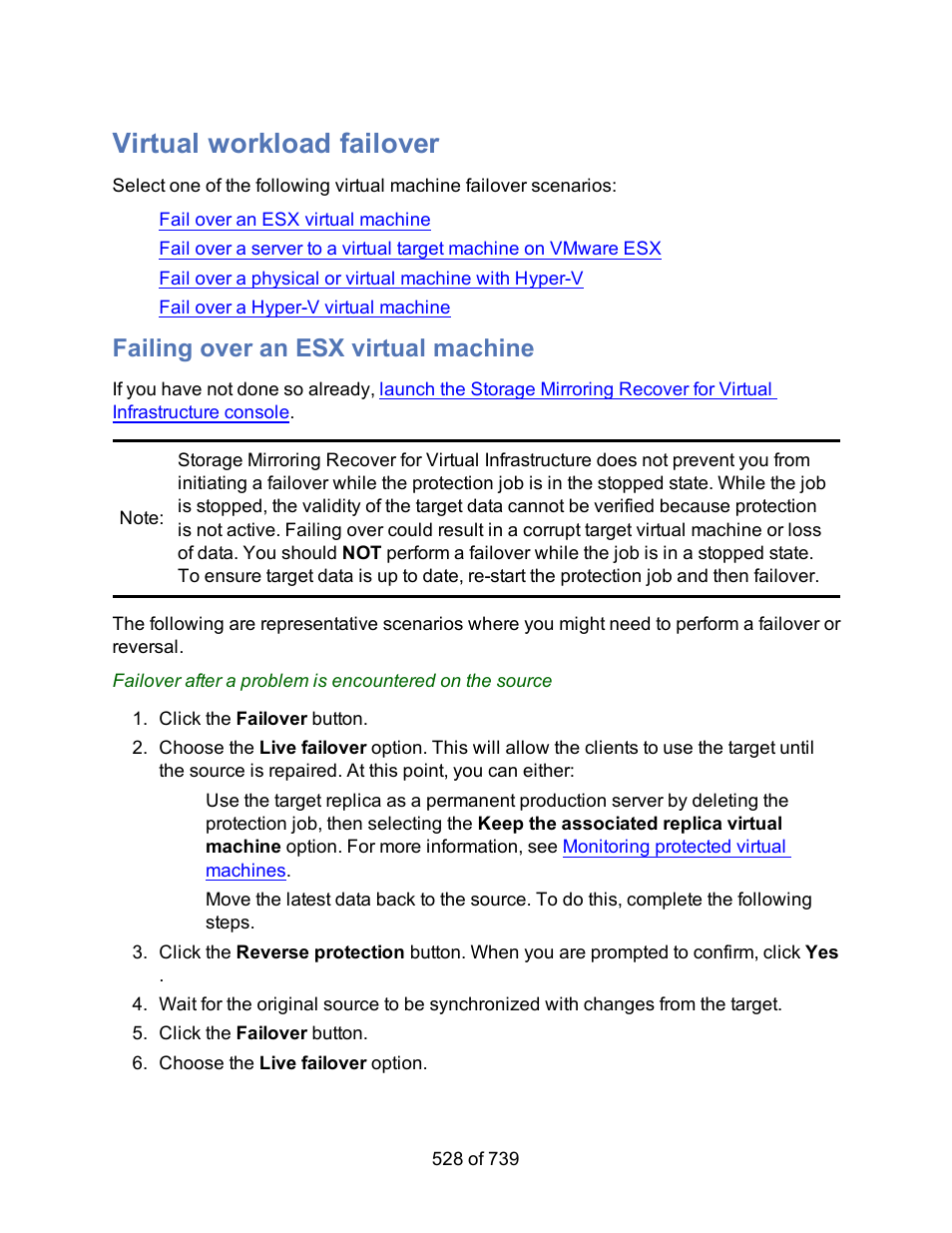 Virtual workload failover, Failing over an esx virtual machine, Virtual workloads | HP Storage Mirroring Software User Manual | Page 530 / 741