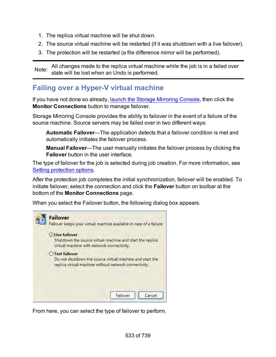 Failing over a hyper-v virtual machine, Fail over a hyper-v virtual machine | HP Storage Mirroring Software User Manual | Page 535 / 741
