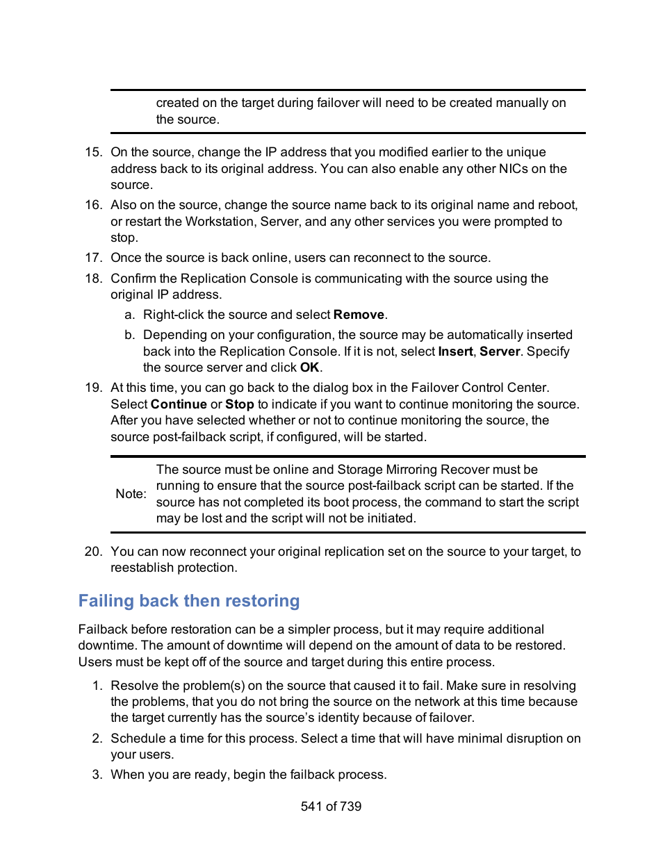 Failing back then restoring | HP Storage Mirroring Software User Manual | Page 543 / 741