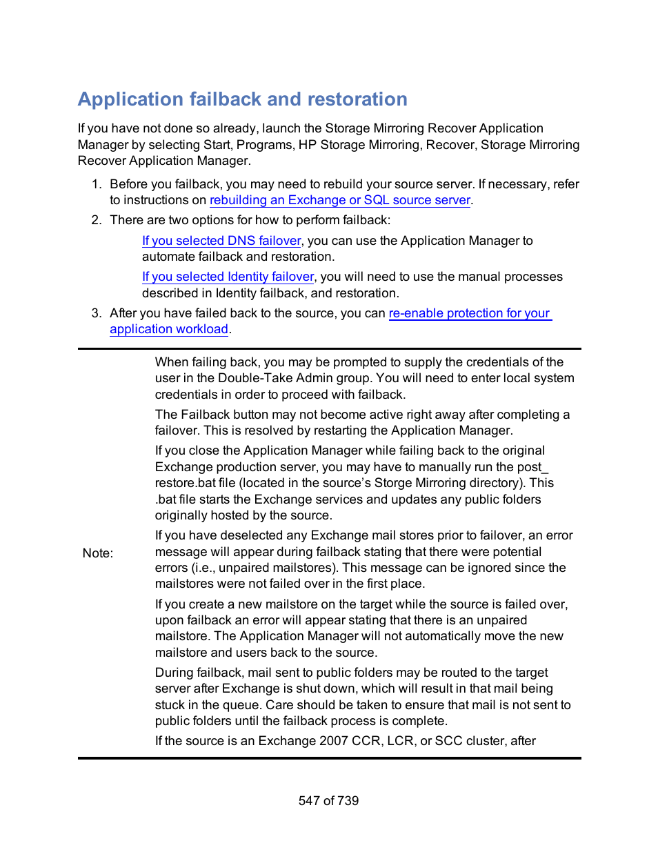 Application failback and restoration, Failing back an application workload | HP Storage Mirroring Software User Manual | Page 549 / 741