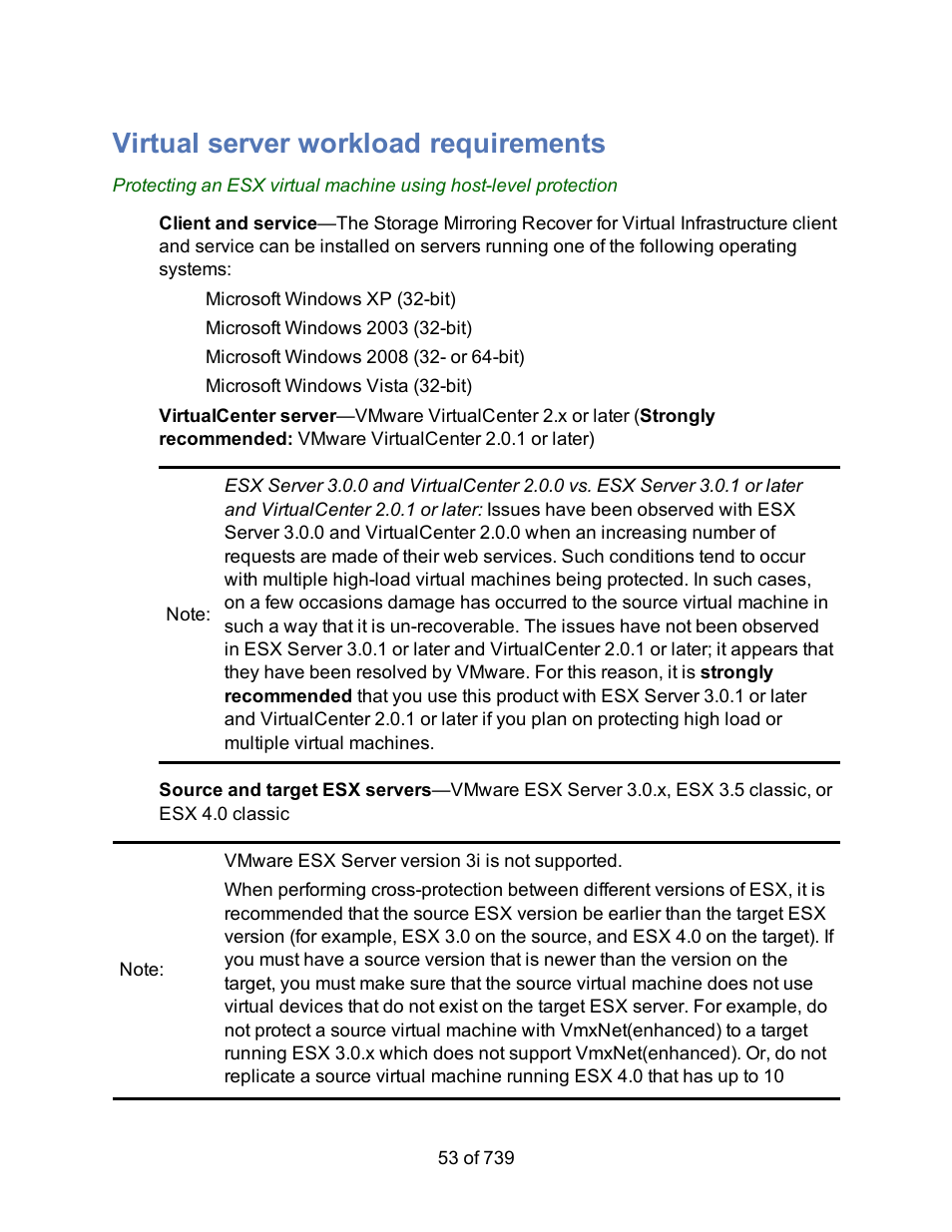 Virtual server workload requirements, Virtual server workload protection requirements | HP Storage Mirroring Software User Manual | Page 55 / 741