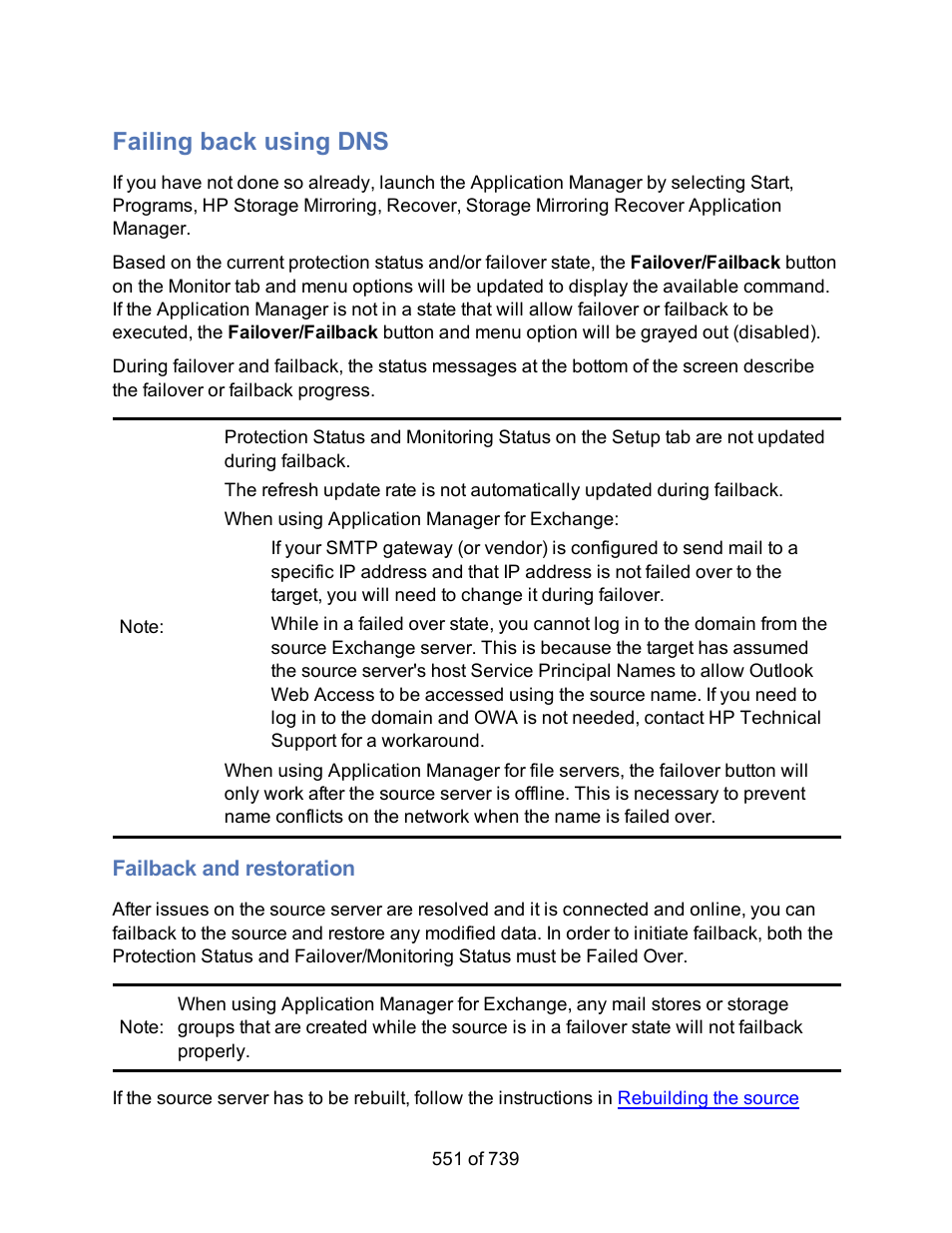 Failing back using dns, Failback and restoration, If you selected dns failover | HP Storage Mirroring Software User Manual | Page 553 / 741