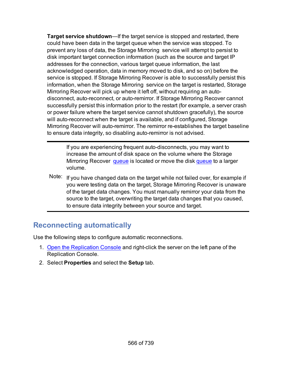 Reconnecting automatically | HP Storage Mirroring Software User Manual | Page 568 / 741