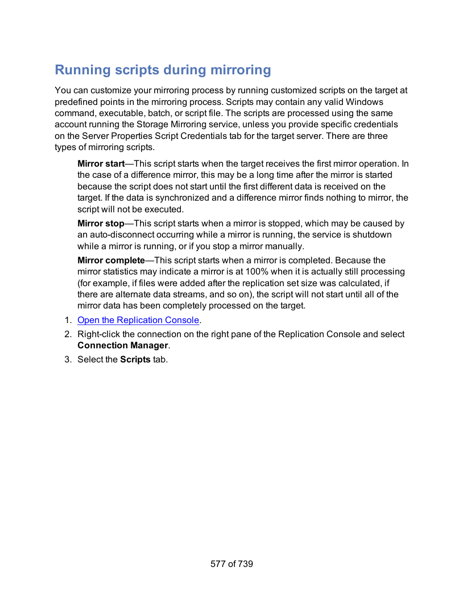 Running scripts during mirroring | HP Storage Mirroring Software User Manual | Page 579 / 741