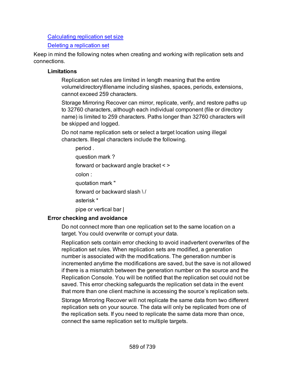 Calculating replication set size, Limitations, Period | Question mark, Forward or backward angle bracket, Colon, Quotation mark, Forward or backward slash, Asterisk, Pipe or vertical bar | HP Storage Mirroring Software User Manual | Page 591 / 741