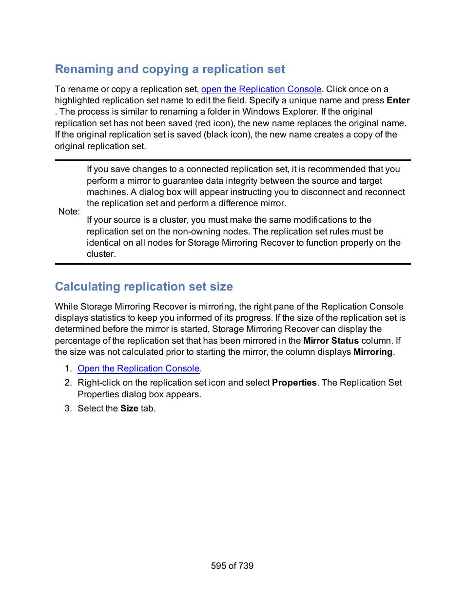 Renaming and copying a replication set, Calculating replication set size | HP Storage Mirroring Software User Manual | Page 597 / 741