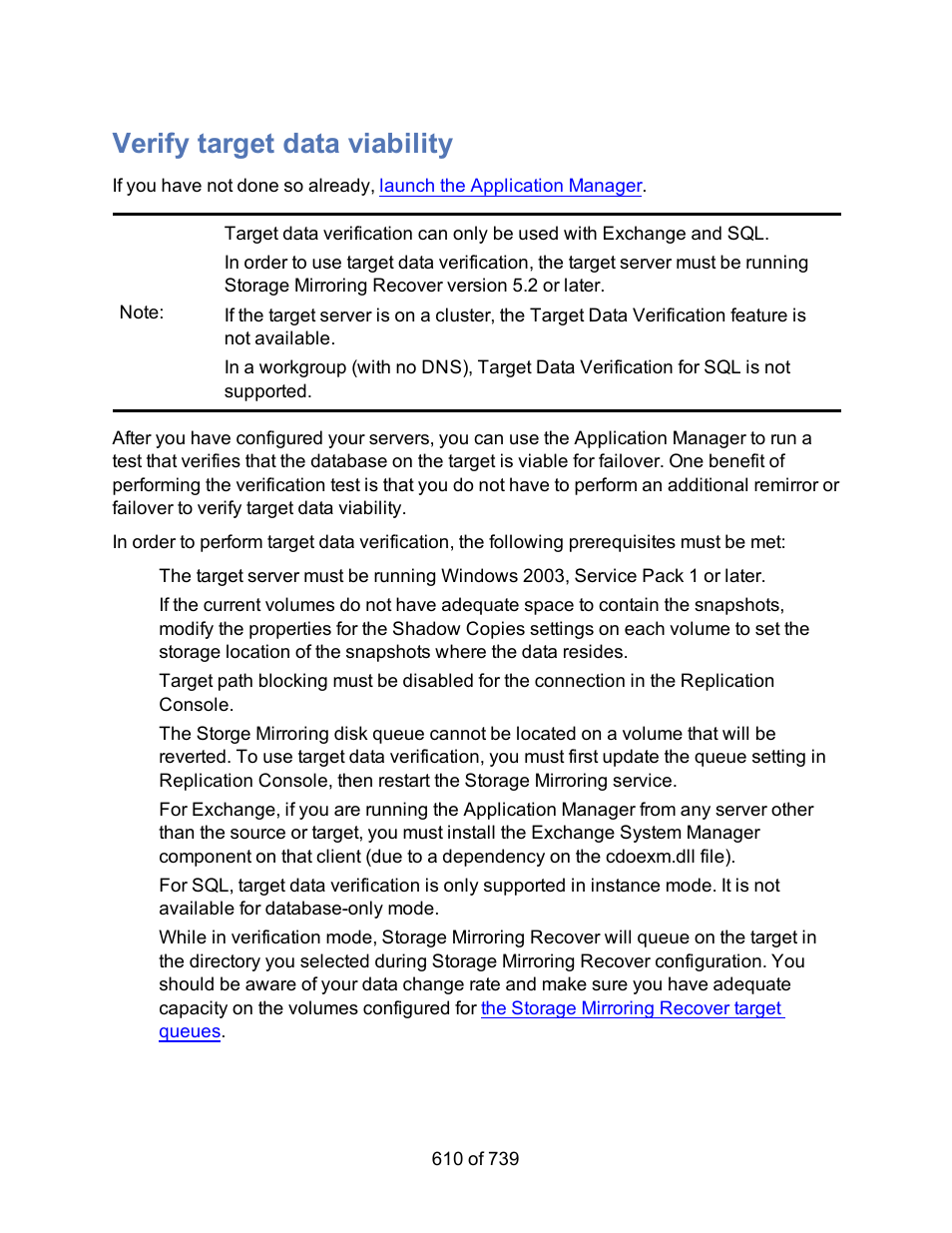 Verify target data viability, Verifying application target data viability | HP Storage Mirroring Software User Manual | Page 612 / 741