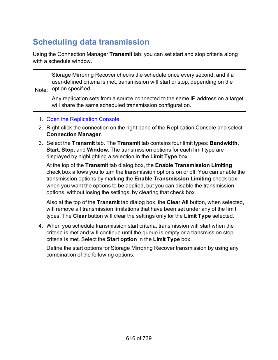 Scheduling data transmission | HP Storage Mirroring Software User Manual | Page 618 / 741