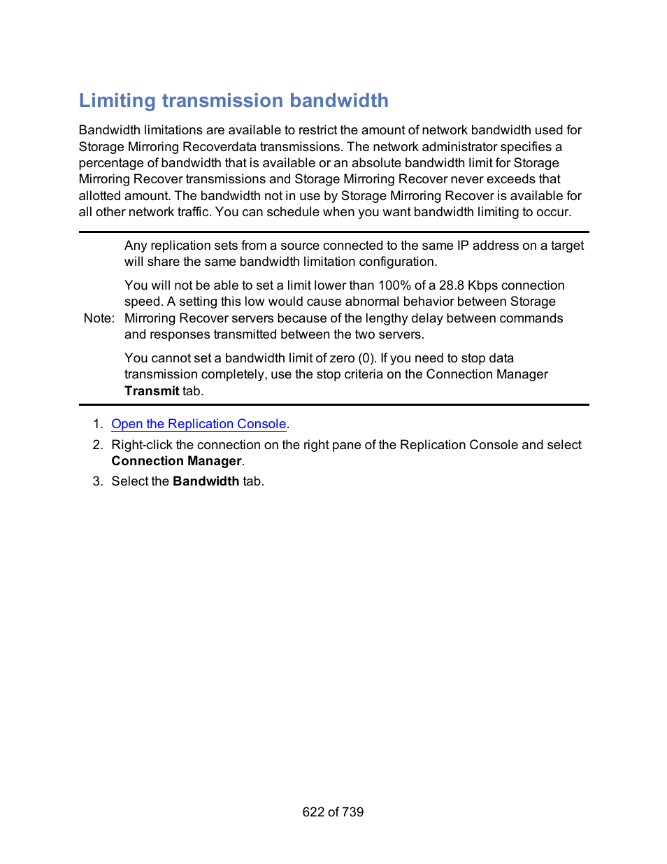 Limiting transmission bandwidth | HP Storage Mirroring Software User Manual | Page 624 / 741