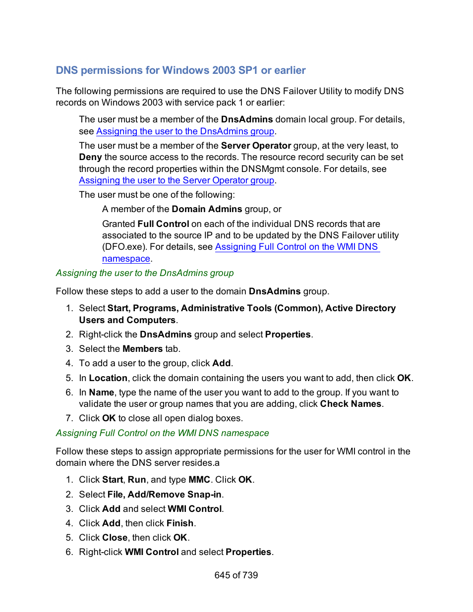 Dns permissions for windows 2003 sp1 or earlier | HP Storage Mirroring Software User Manual | Page 647 / 741