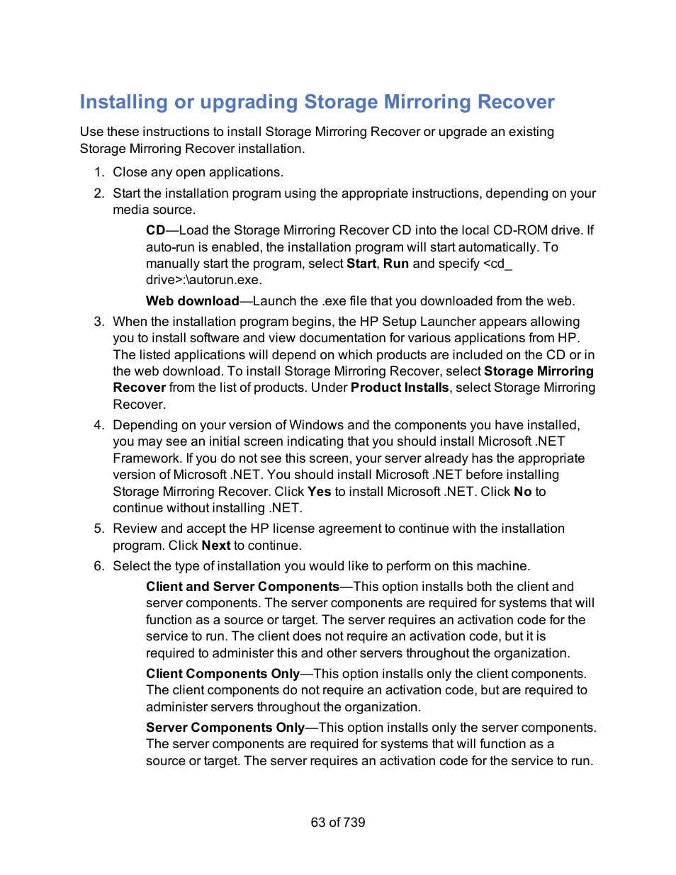 Installing or upgrading storage mirroring recover, Standard, Installation program | Standard installation program | HP Storage Mirroring Software User Manual | Page 65 / 741