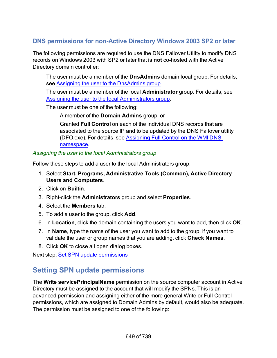 Setting spn update permissions, Later | HP Storage Mirroring Software User Manual | Page 651 / 741