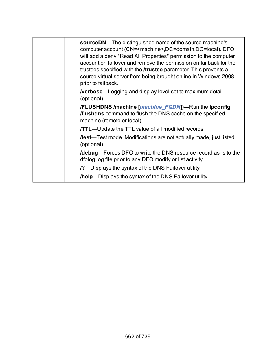 Ttl —update the ttl value of all modified records, Displays the syntax of the dns failover utility | HP Storage Mirroring Software User Manual | Page 664 / 741
