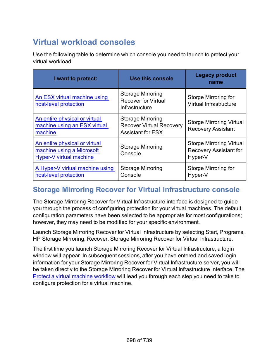 Virtual workload consoles, Launch the storage mirroring recover for virtual, Infrastructure console | HP Storage Mirroring Software User Manual | Page 700 / 741