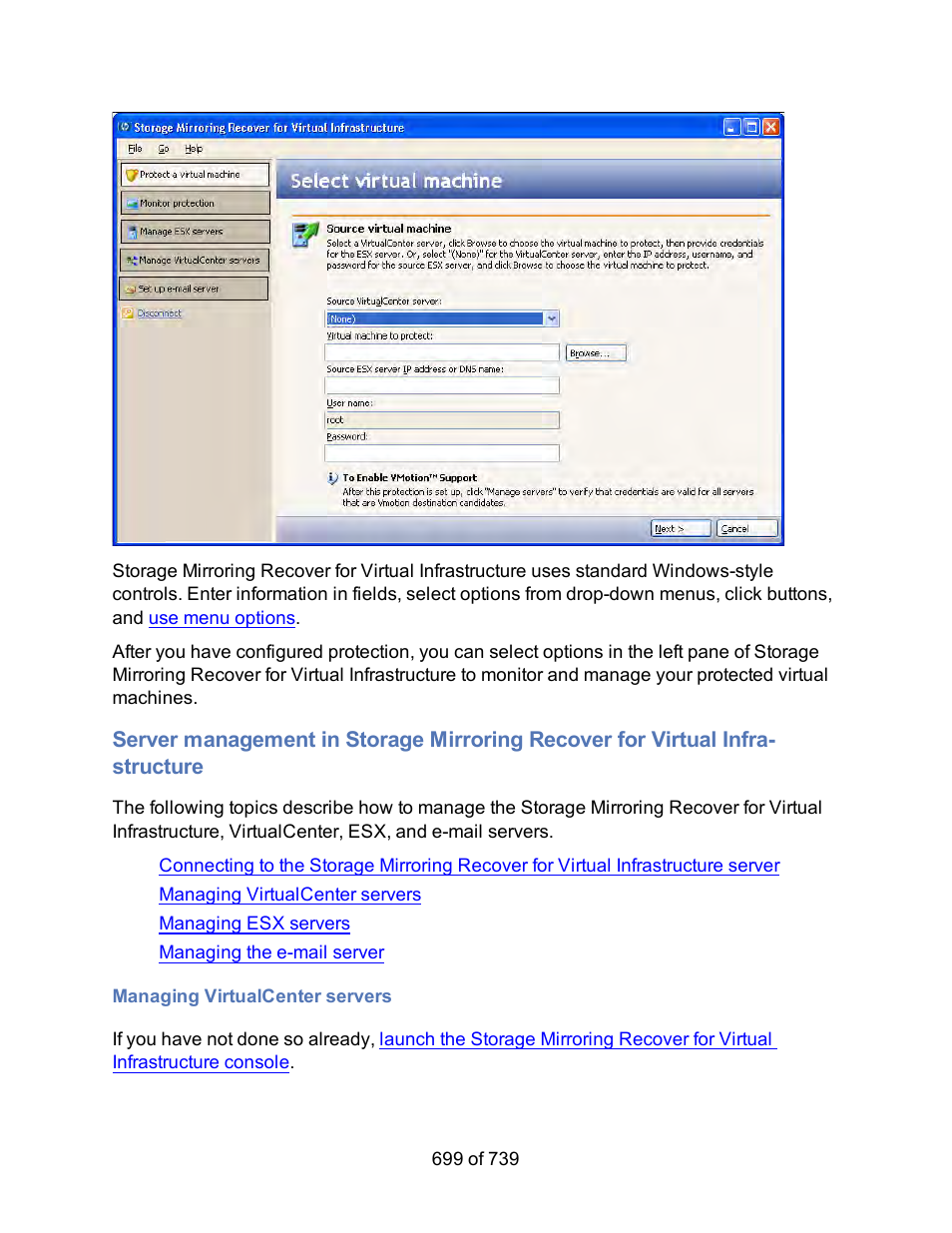 Managing virtualcenter servers | HP Storage Mirroring Software User Manual | Page 701 / 741