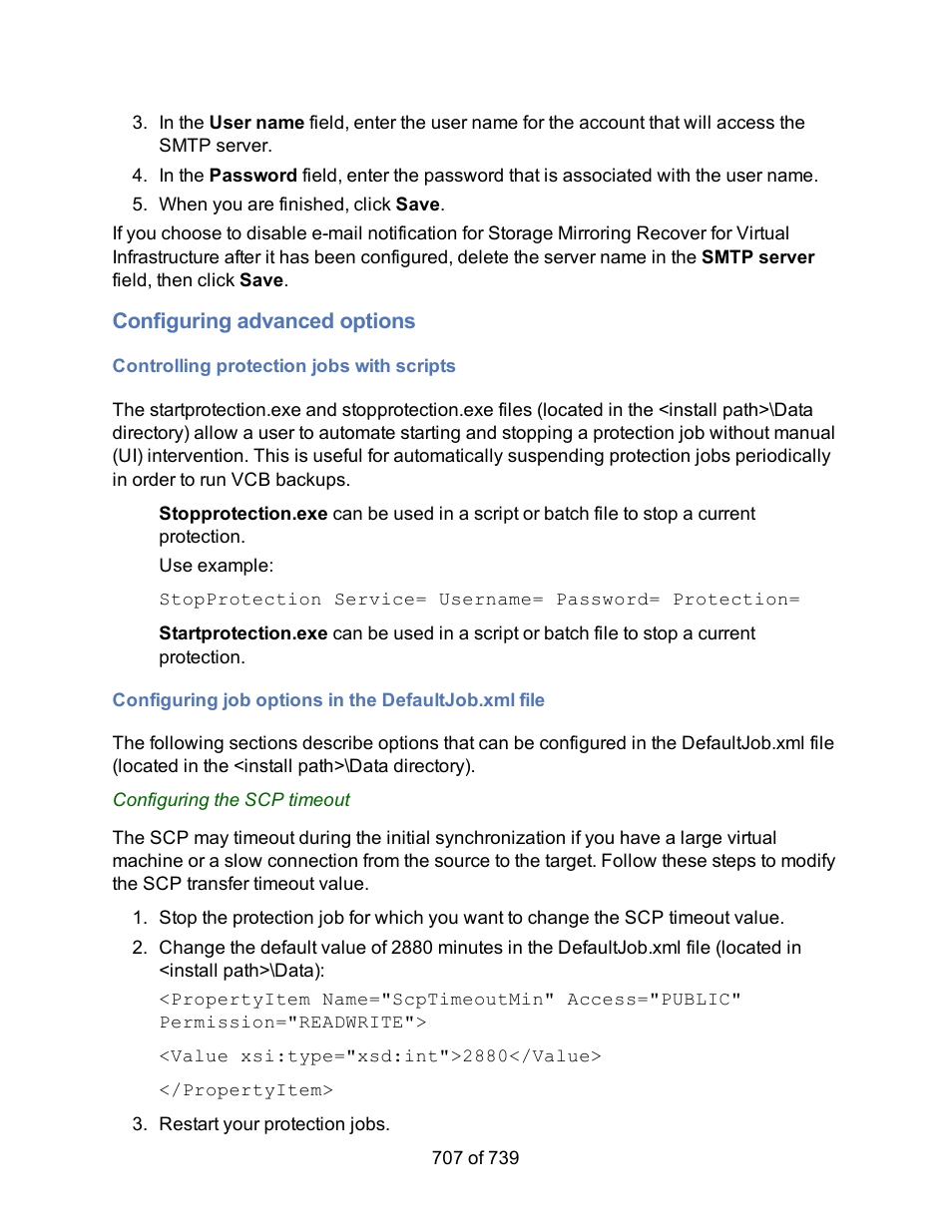 Configuring advanced options, Controlling protection jobs with scripts, Configuring job options in the defaultjob.xml file | HP Storage Mirroring Software User Manual | Page 709 / 741
