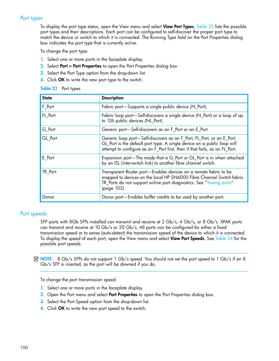 Port types, Table 23 port types, Port speeds | 23 port types | HP 8.20q Fibre Channel Switch User Manual | Page 100 / 114