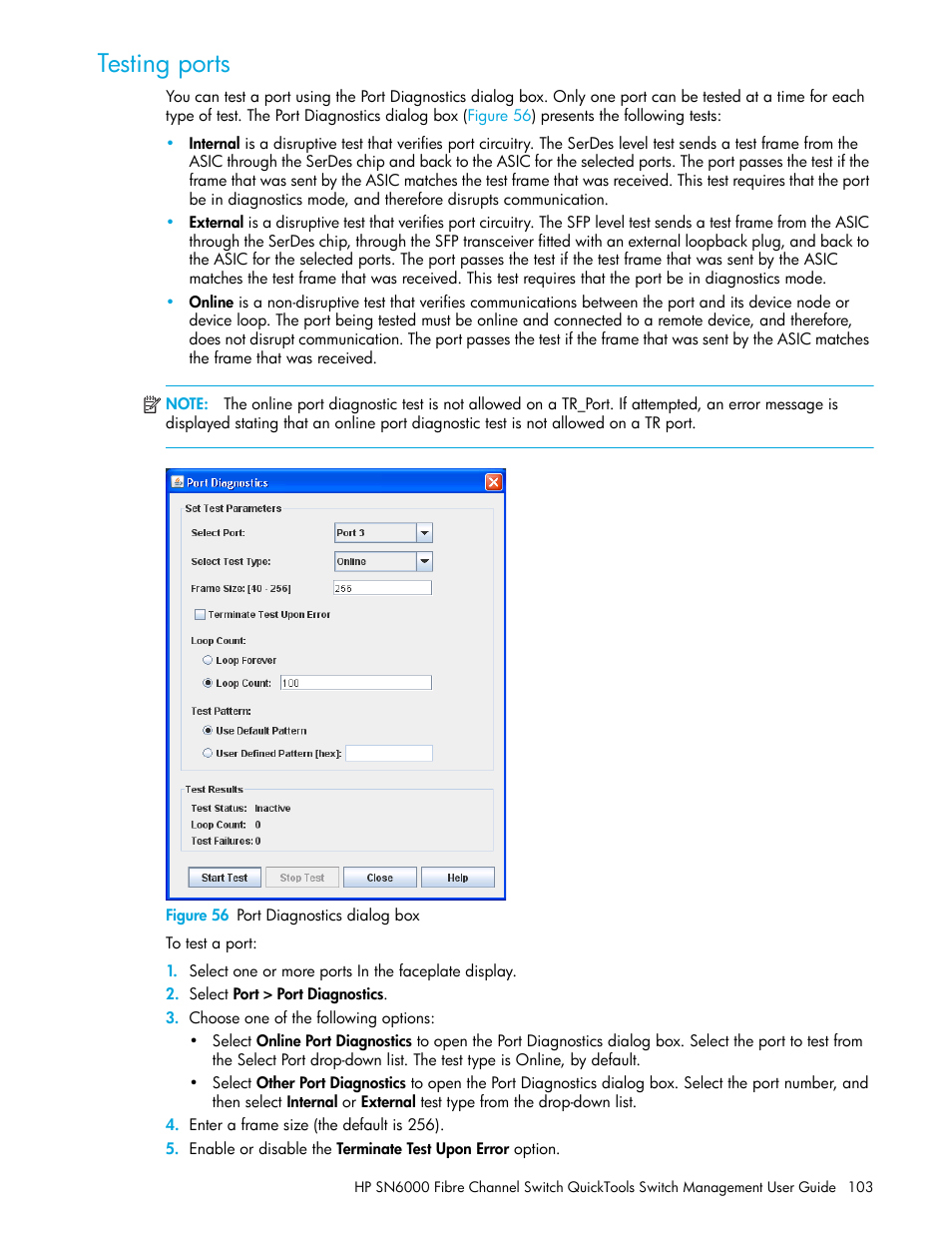 Testing ports, Figure 56 port diagnostics dialog box, 56 port diagnostics dialog box | HP 8.20q Fibre Channel Switch User Manual | Page 103 / 114