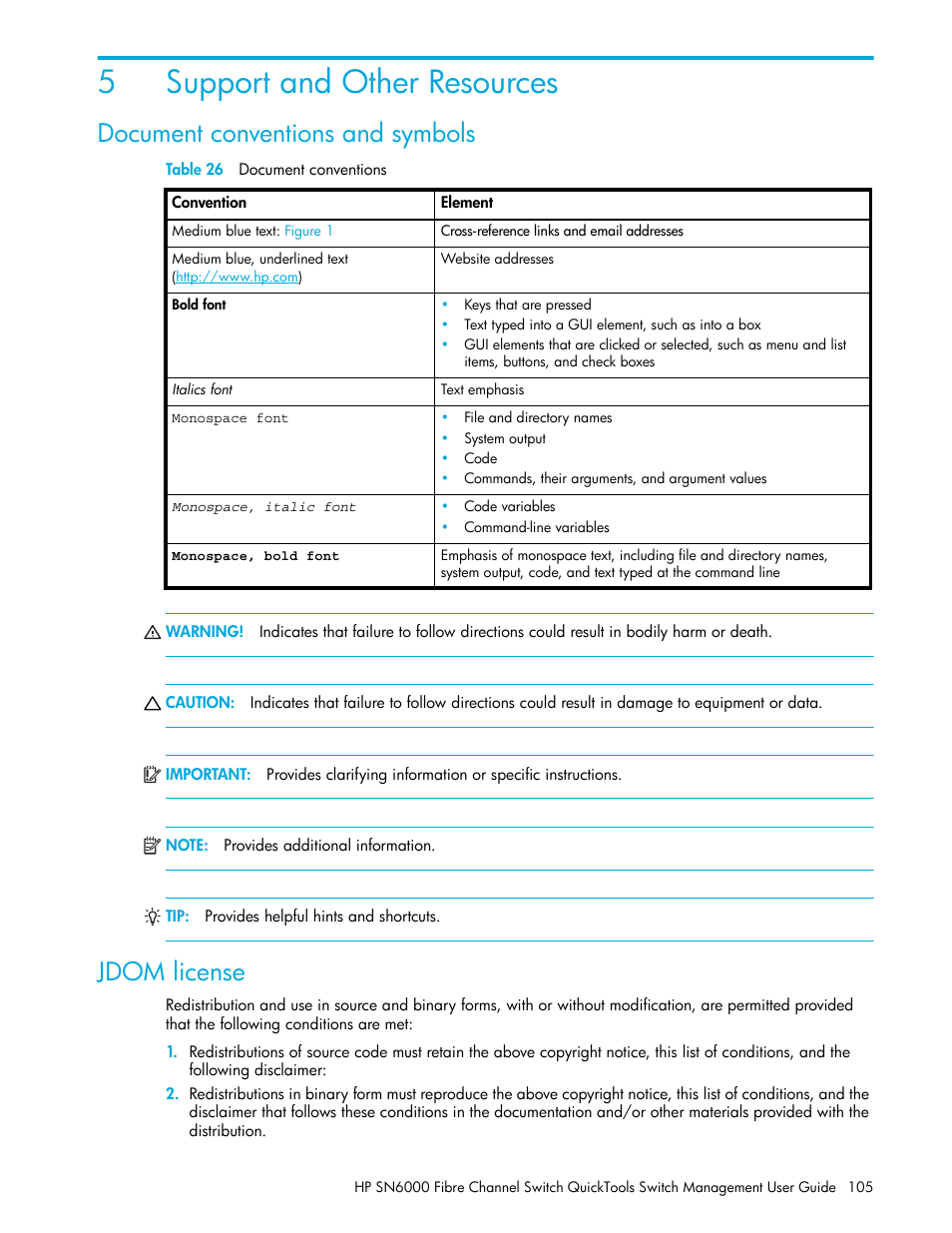 Support and other resources, Document conventions and symbols, Table 26 document conventions | Jdom license, 5 support and other resources, 26 document conventions, 5support and other resources | HP 8.20q Fibre Channel Switch User Manual | Page 105 / 114