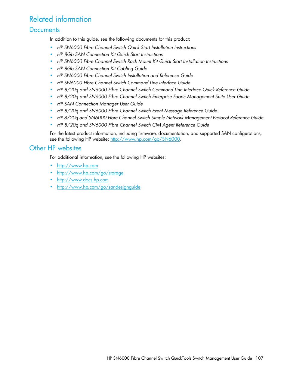 Related information, Documents, Other hp websites | HP 8.20q Fibre Channel Switch User Manual | Page 107 / 114