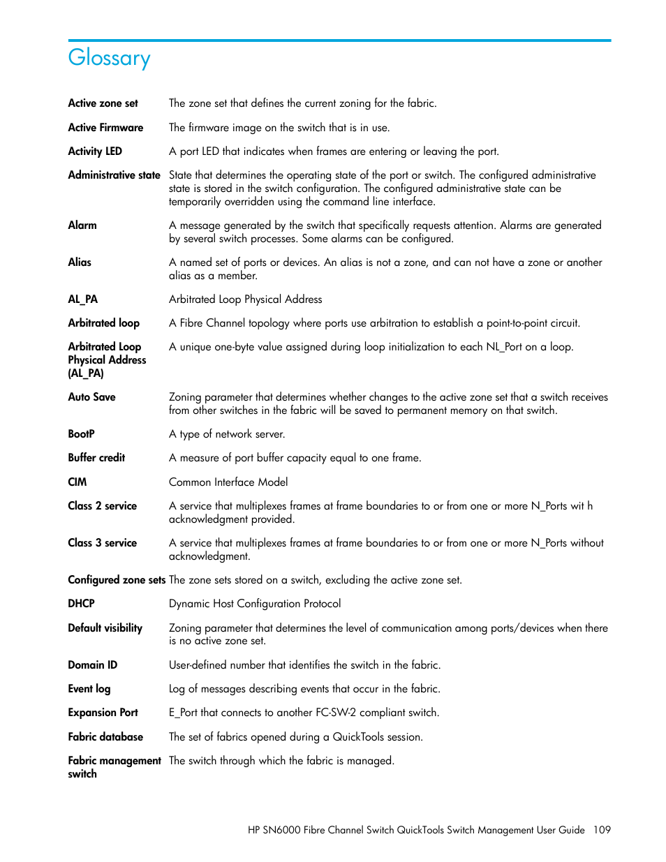 Glossary | HP 8.20q Fibre Channel Switch User Manual | Page 109 / 114