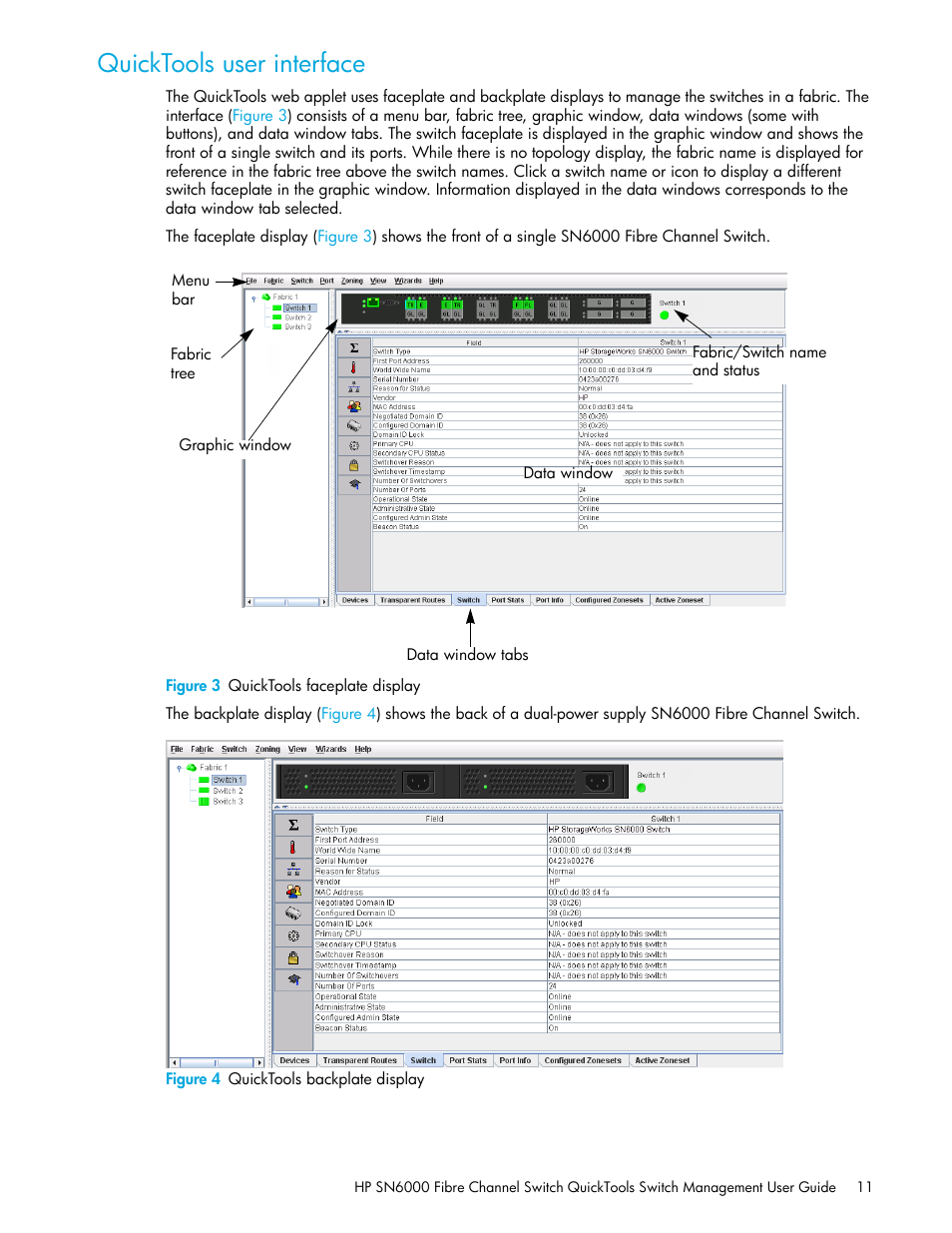 Quicktools user interface, Figure 3 quicktools faceplate display, Figure 4 quicktools backplate display | 3 quicktools faceplate display, 4 quicktools backplate display, Figure 3 | HP 8.20q Fibre Channel Switch User Manual | Page 11 / 114