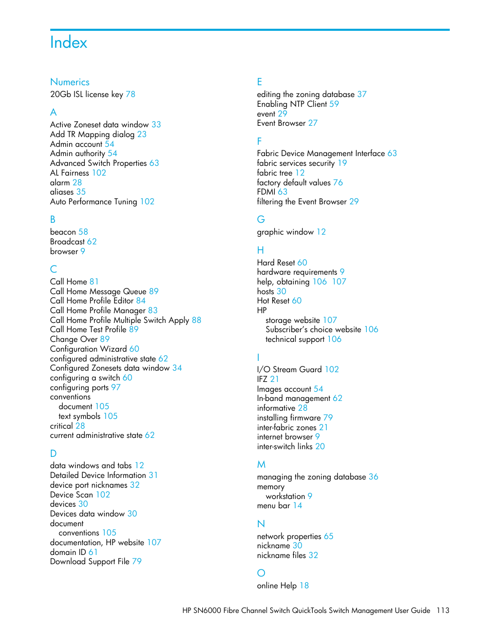 Index, Numerics | HP 8.20q Fibre Channel Switch User Manual | Page 113 / 114