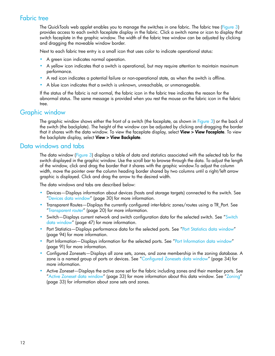 Fabric tree, Graphic window, Data windows and tabs | HP 8.20q Fibre Channel Switch User Manual | Page 12 / 114