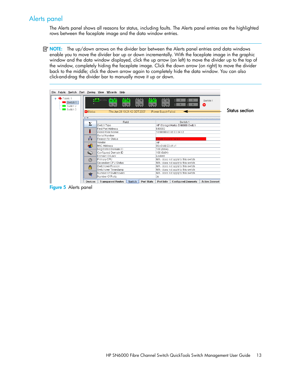 Alerts panel, Figure 5 alerts panel, 5 alerts panel | HP 8.20q Fibre Channel Switch User Manual | Page 13 / 114