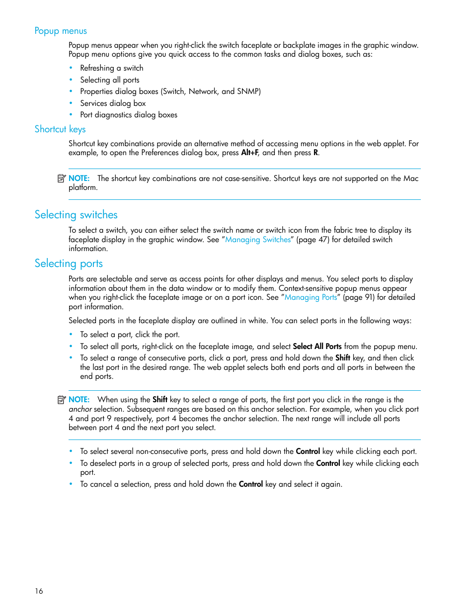 Popup menus, Shortcut keys, Selecting switches | Selecting ports | HP 8.20q Fibre Channel Switch User Manual | Page 16 / 114