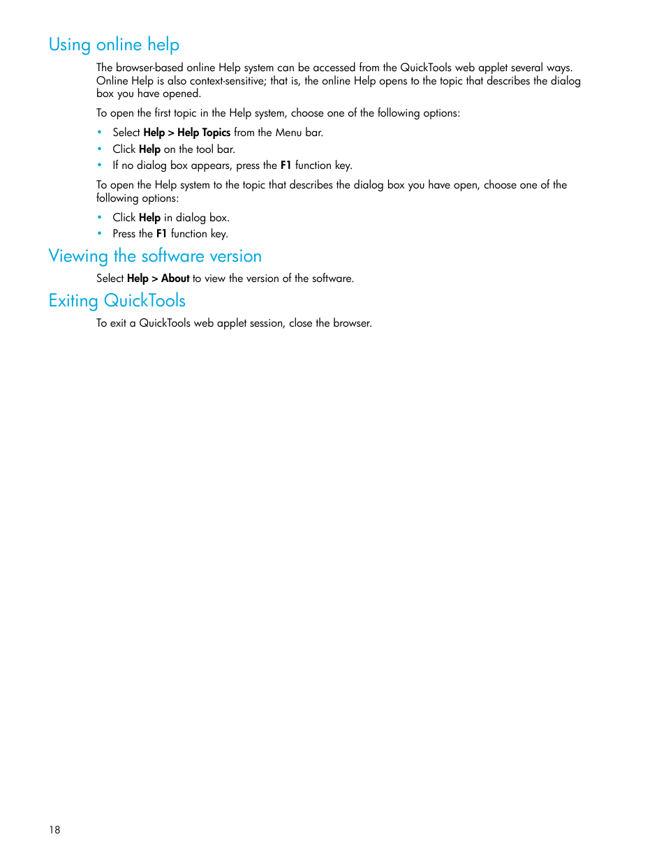Using online help, Viewing the software version, Exiting quicktools | HP 8.20q Fibre Channel Switch User Manual | Page 18 / 114