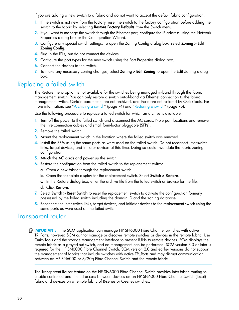 Replacing a failed switch, Transparent router | HP 8.20q Fibre Channel Switch User Manual | Page 20 / 114