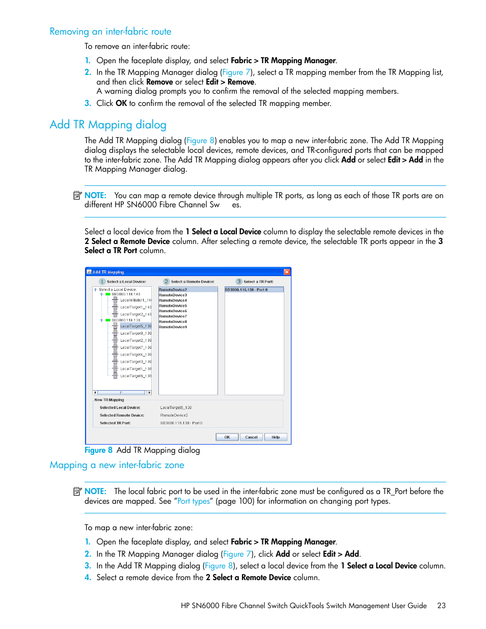 Removing an inter-fabric route, Add tr mapping dialog, Figure 8 add tr mapping dialog | Mapping a new inter-fabric zone, 8 add tr mapping dialog | HP 8.20q Fibre Channel Switch User Manual | Page 23 / 114