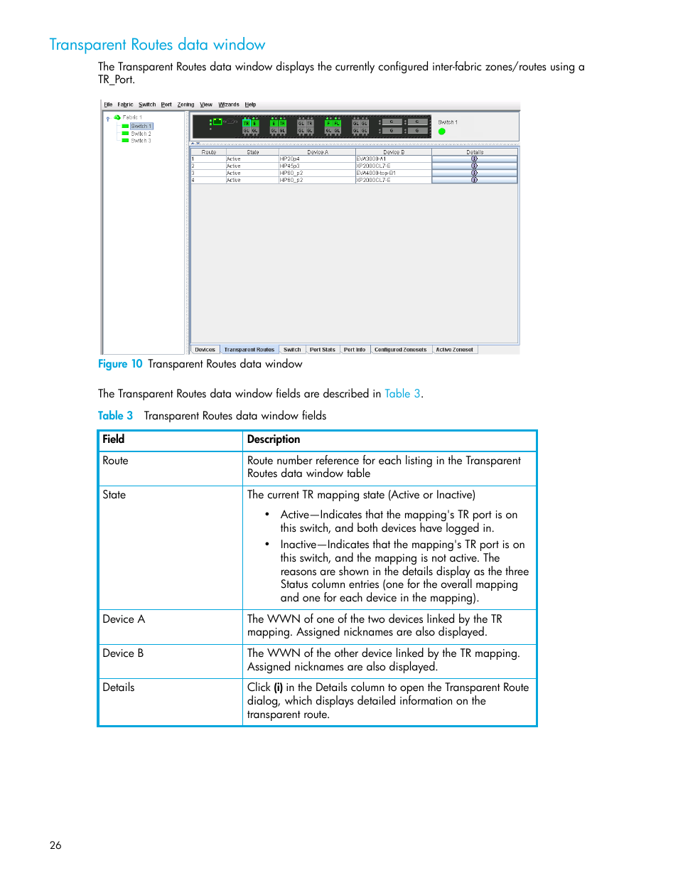 Transparent routes data window, Figure 10 transparent routes data window, Table 3 transparent routes data window fields | 10 transparent routes data window, 3 transparent routes data window fields | HP 8.20q Fibre Channel Switch User Manual | Page 26 / 114