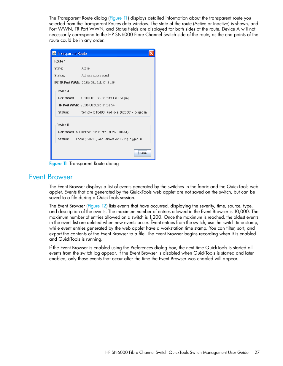 Figure 11 transparent route dialog, Event browser, 11 transparent route dialog | HP 8.20q Fibre Channel Switch User Manual | Page 27 / 114