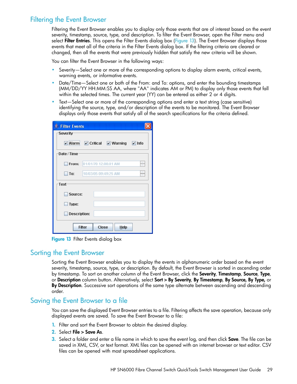 Filtering the event browser, Figure 13 filter events dialog box, Sorting the event browser | Saving the event browser to a file, 13 filter events dialog box | HP 8.20q Fibre Channel Switch User Manual | Page 29 / 114