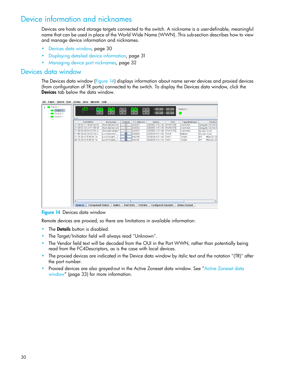 Device information and nicknames, Devices data window, Figure 14 devices data window | 14 devices data window | HP 8.20q Fibre Channel Switch User Manual | Page 30 / 114