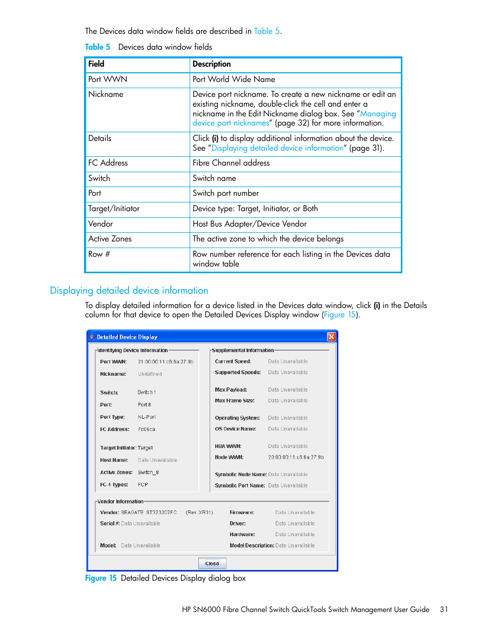 Table 5 devices data window fields, Displaying detailed device information, Figure 15 detailed devices display dialog box | 15 detailed devices display dialog box, 5 devices data window fields | HP 8.20q Fibre Channel Switch User Manual | Page 31 / 114