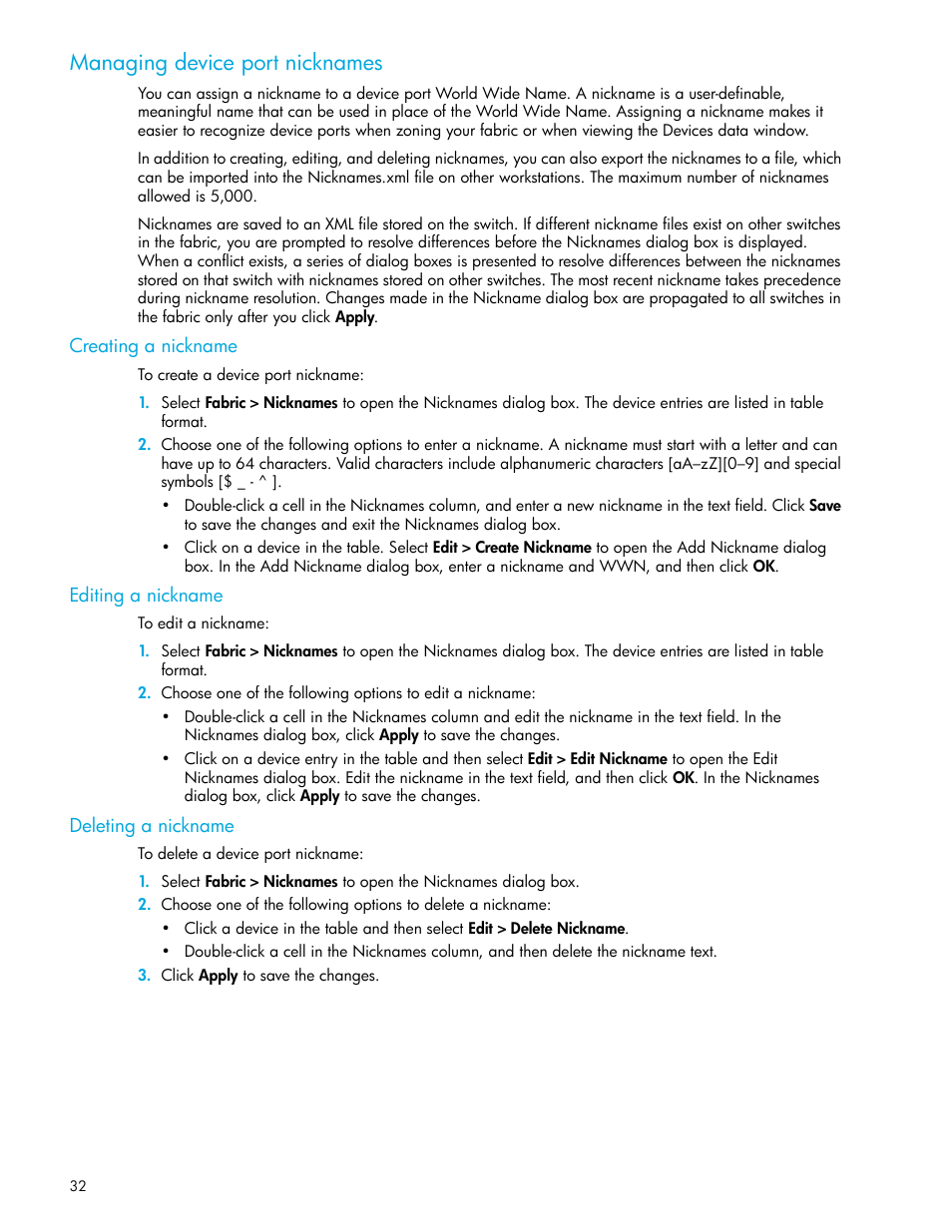 Managing device port nicknames, Creating a nickname, Editing a nickname | Deleting a nickname, Managing, Device port nicknames | HP 8.20q Fibre Channel Switch User Manual | Page 32 / 114