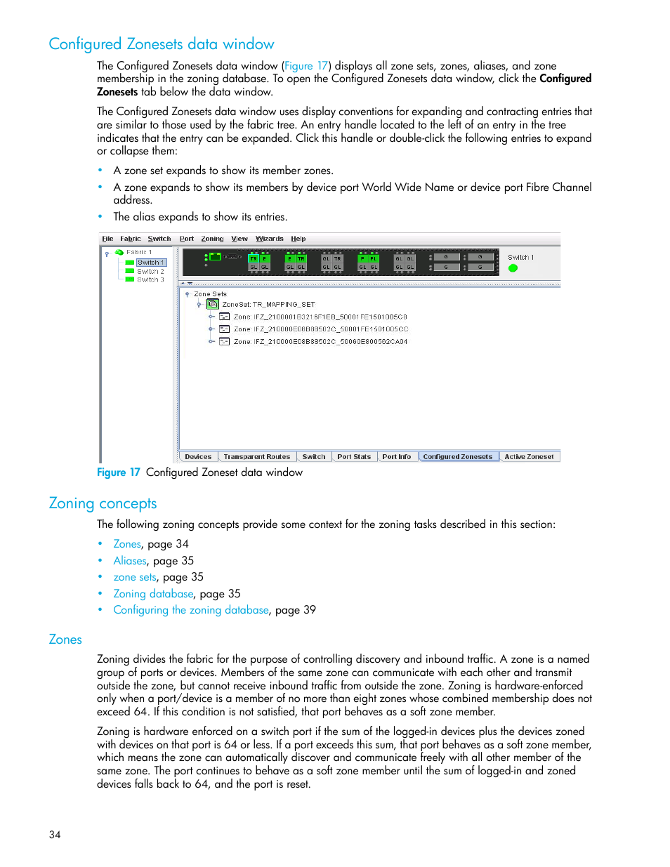 Configured zonesets data window, Figure 17 configured zoneset data window, Zoning concepts | Zones, 17 configured zoneset data window | HP 8.20q Fibre Channel Switch User Manual | Page 34 / 114