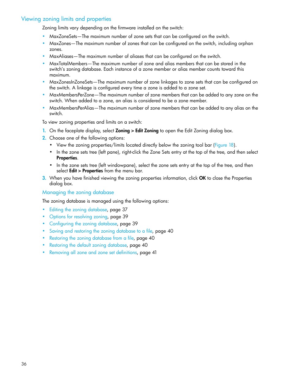Viewing zoning limits and properties, Managing the zoning database | HP 8.20q Fibre Channel Switch User Manual | Page 36 / 114