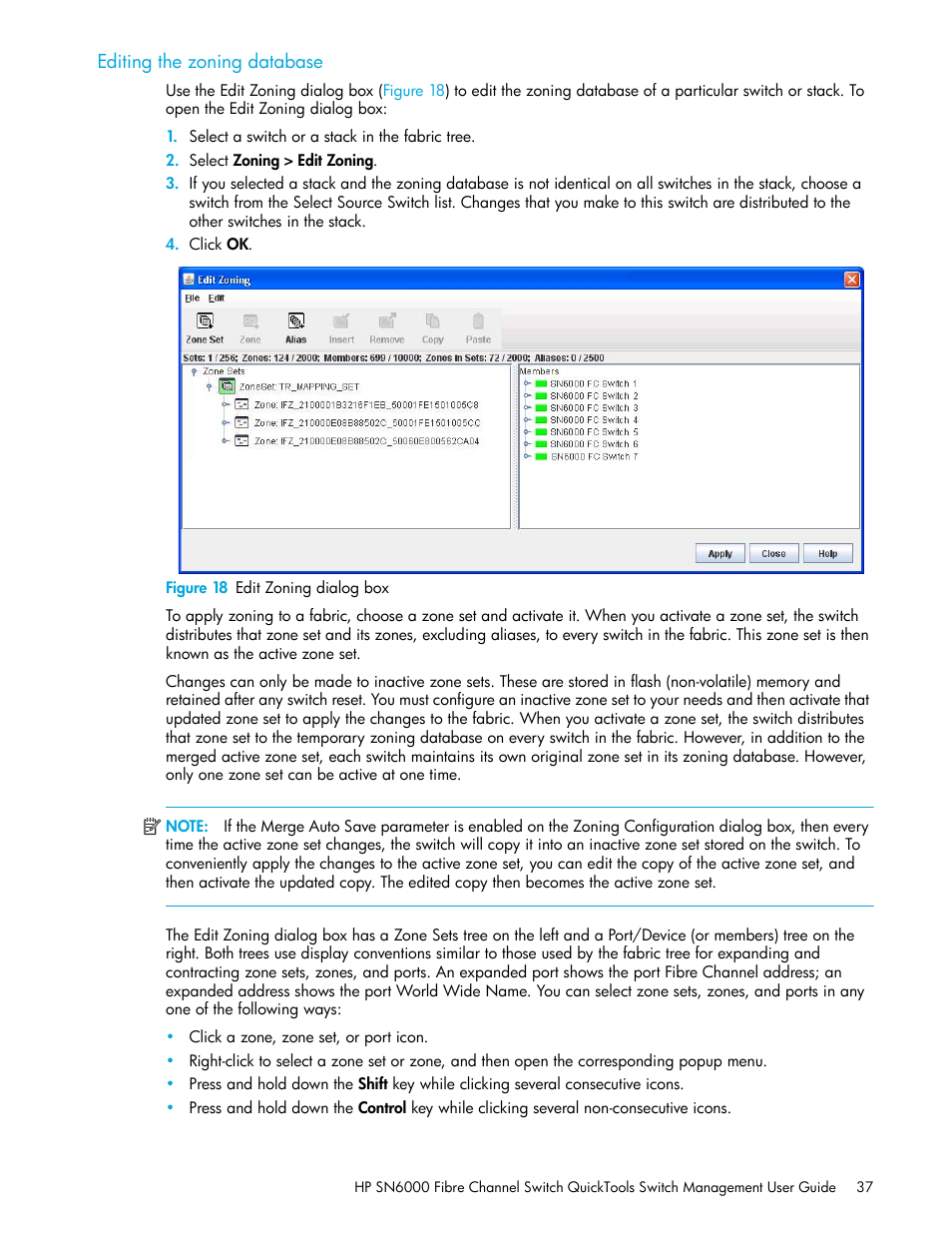 Editing the zoning database, Figure 18 edit zoning dialog box, 18 edit zoning dialog box | Ol bar, Figure 18 | HP 8.20q Fibre Channel Switch User Manual | Page 37 / 114